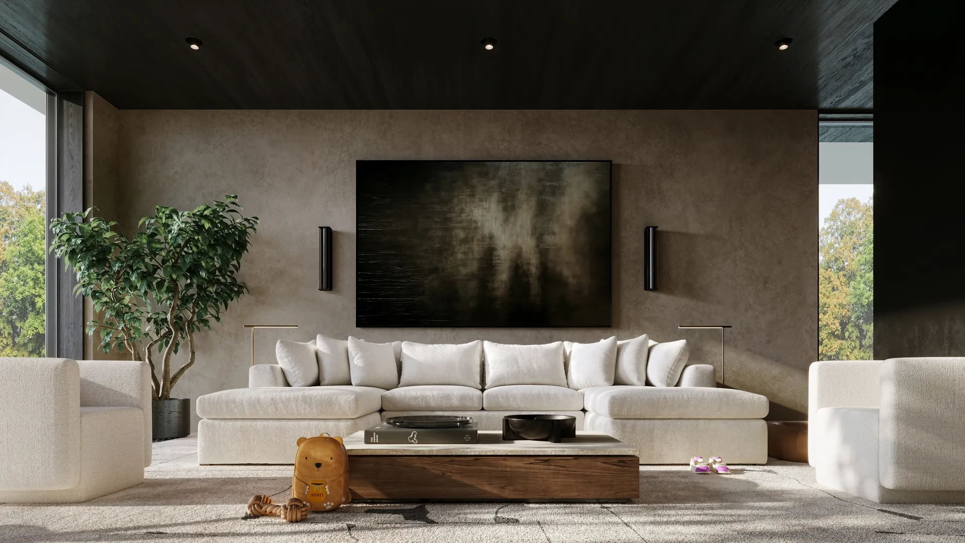 3d rendering in brisbane of a modern residential living room interior with neutral furnishings, minimalist décor, indoor plants, soft natural light, and a refined contemporary design aesthetic.